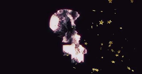Glowing pixelated glyph pulsing over grainy purple void, scattering gold star Ilustración de archivo