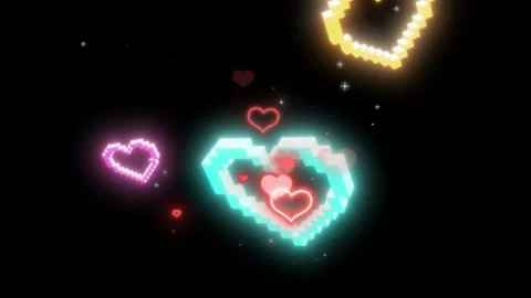 Glowing pixelated heart shapes floating against dark background for romantic Stock-Footage 343818558