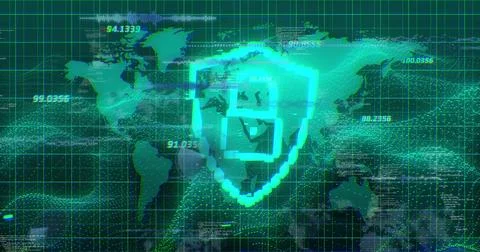 Glowing pixelated shield emblem dominating virtual dashboard, showing world map, Stock Photos