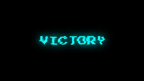 Glowing pixelated victory text with cyan digital glitch effect Stock Footage 329753065