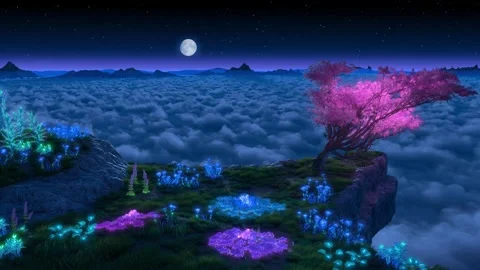 Glowing plants and tree on top of the mountain above clouds Stock Footage 338166322