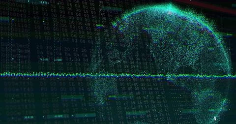 Glowing point-cloud globe pulsing on right in digital visualization, showing 스톡 일러스트