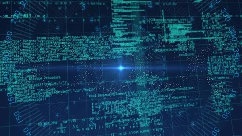 Glowing point initiating particles forming data sphere rotating amid code Vidéo 328150949