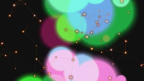 Glowing points and connected lines over colorful blurred circles Stock Footage 331644714