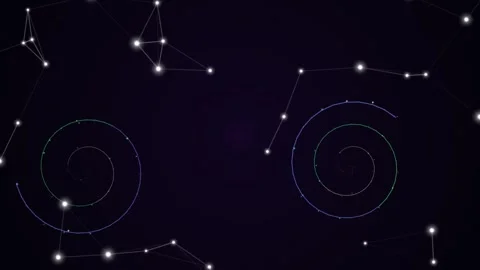 Glowing points and spiraling lines on a dark purple background 動画素材 331644940