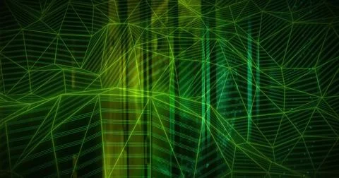 Glowing polygon mesh forming triangular peaks and valleys in 3D map, with light Stock Illustration