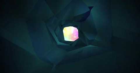 Glowing polygonal aperture drawing view inward via spiral angular faceted Stock Photos