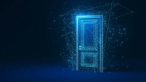 Glowing polygonal door opening to the future on dark blue background Stock Illustration