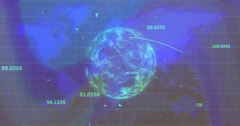 Glowing polygonal sphere rotating in data dashboard, with triangle particles and Illustrazione stock