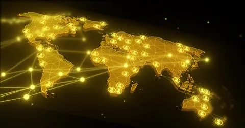 Glowing polygonal world map dominating dark space, showing node avatars, radiant Stock Illustration