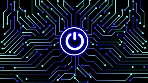 Glowing power on and off button on circuit board design. power switch icon .. Stock Illustration