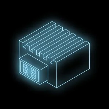 Glowing power supply unit with cooling fins on black background Ilustração Stock