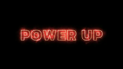Glowing Power Up Text Animation with Fiery Orange Particles on a Dark Black Video stock 339167162