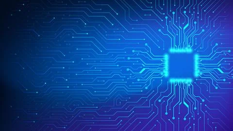 Glowing Processor Chip Circuit Board Dark Blue Purple Technology Background.. 스톡 일러스트