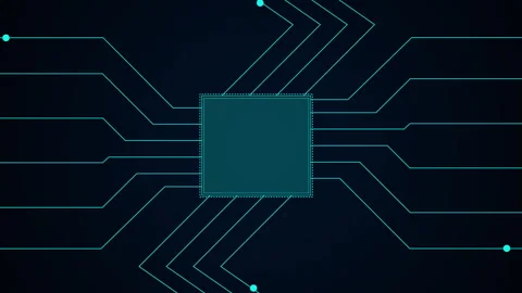 Glowing processor chip with circuit lines on dark background Stock Footage 346355956
