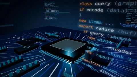 Glowing processor chip with code radiating along circuit traces cobalt tech 3D Stock Footage 340201009