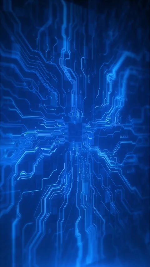 Glowing processor circuit board with bright central chip, electric pathways, dee Stock Footage 340400388