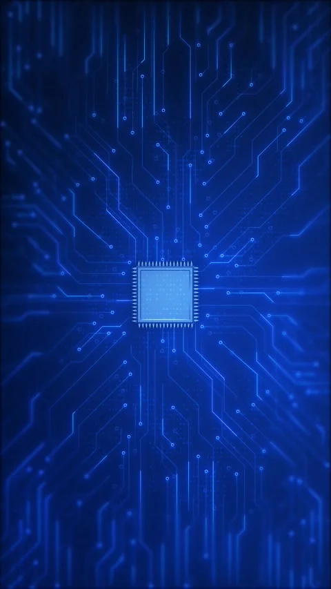 Glowing processor circuit board electric pathways, chip, advanced technology lay Stock Footage 340399601