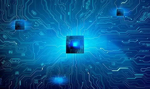 Glowing Processor Core Circuit Board Dark Blue Technology Background Vector Stock Illustration