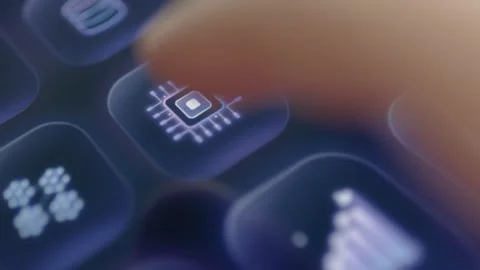 Glowing processor icon sits among neural network and data layer controls Stock Footage 342488030