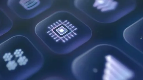 Glowing processor icon sits among neural network and data layer controls Stock Photos