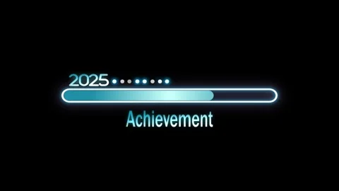 Glowing progress bar labeled 2025 above and Achievement below animation Video stock 329832989