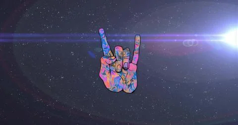 Glowing psychedelic hand making rock gesture in cosmic star field, with brigh Stock Illustration