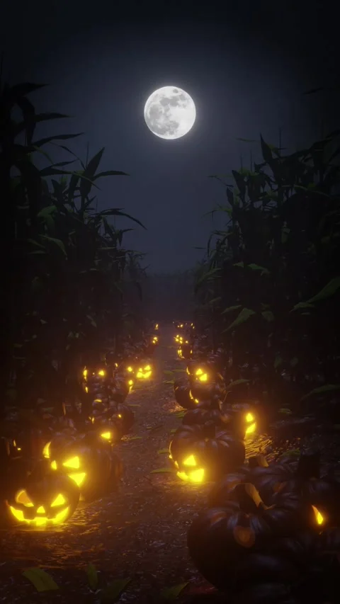 Glowing Pumpkin Halloween Lanterns Lighting A Moonlit Corn Maze Portrait Stock Footage 338051419