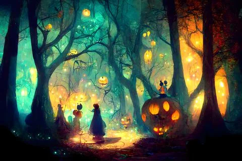 Glowing pumpkin heads in dark halloween magic forest, neural network generated Stock Illustration