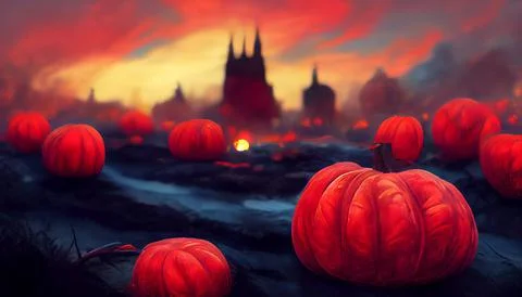 Glowing pumpkins on the background of a spooky place with a fantasy style castle Stock Illustration
