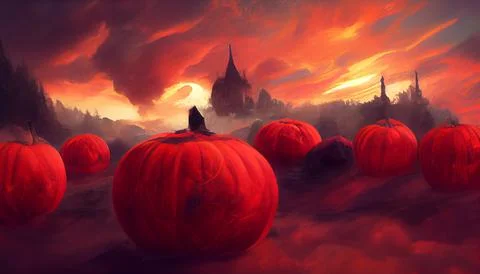 Glowing pumpkins on the background of a spooky place with a fantasy style castle Stock Illustration