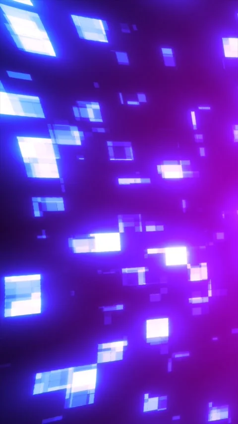 Glowing purple and blue pixel blocks floating in a digital space, abstract .. Stock Footage 330052395