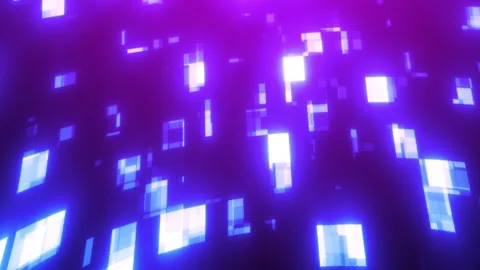 Glowing purple and blue pixel blocks floating in a digital space Stock Footage 331083949