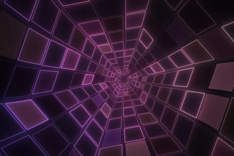Glowing purple and pink rectangular panels form a perspective grid that rec.. Stock Illustration