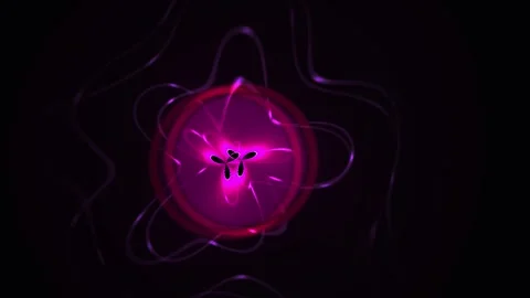 Glowing purple atom structure with electrons orbiting nucleus. Video stock 337471317