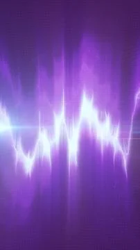Glowing purple audio waveform with neon light streaks and digital distortio.. Illustrazione stock