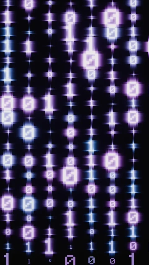 Glowing purple binary code digits streaming on a black background Stock Footage 346662333