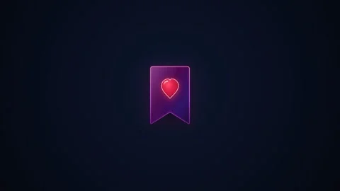 Glowing purple bookmark icon with red heart on dark background. 4K Video stock 343265829