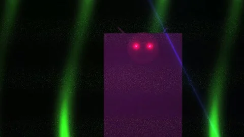 Glowing purple box with green laser beams and red eyes in dark background. Stock Footage 336700630
