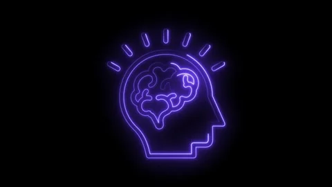 Glowing purple brain idea inside human head profile intelligence innovation Stock Footage 322985126