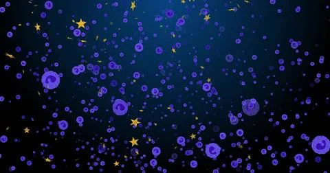 Glowing purple bubble clusters drifting across dark navy-to-black gradient Stock Photos