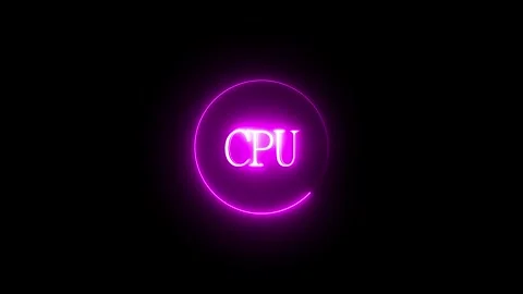Glowing purple circle with CPU text on black. Purple circle symbol for comp.. Stock Footage 337816200