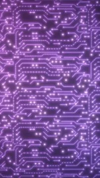 Glowing purple circuit board pattern with neon connections, futuristic tech.. Illustrazione stock
