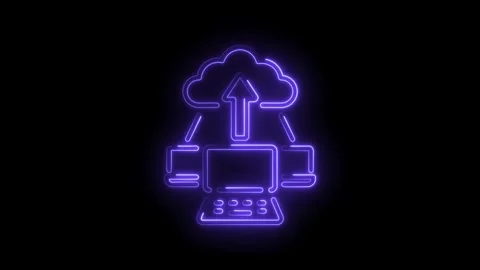 Glowing purple cloud computing icon with laptop and arrow uploading data Video stock 330773588