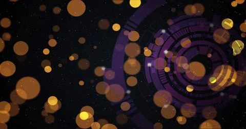 Glowing purple concentric tech motif rotating in digital with golden bokeh, star Stock Illustration