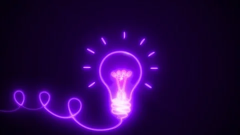 Glowing purple creative idea symbol neon bulb, electric line, deep dark backgrou Stock Footage 340477931