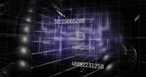 Glowing purple data matrix moving in cyberspace tunnel, showing grid, numeric 库存照片