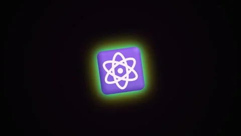 Glowing purple icon with a white atomic symbol rotates Video stock 345098936