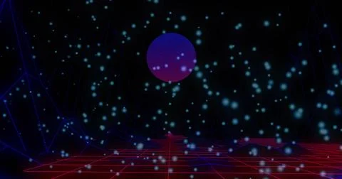 Glowing purple-to-magenta orb hovering above virtual synthwave landscape, with Stock Illustration