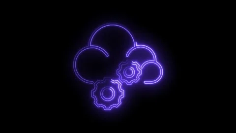 Glowing purple neon cloud with gears icon symbolizing cloud computing data .. Stock Footage 314557039